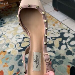 Valentino Garavani Pink Leather Studded Slingback Flats with Gold Accents